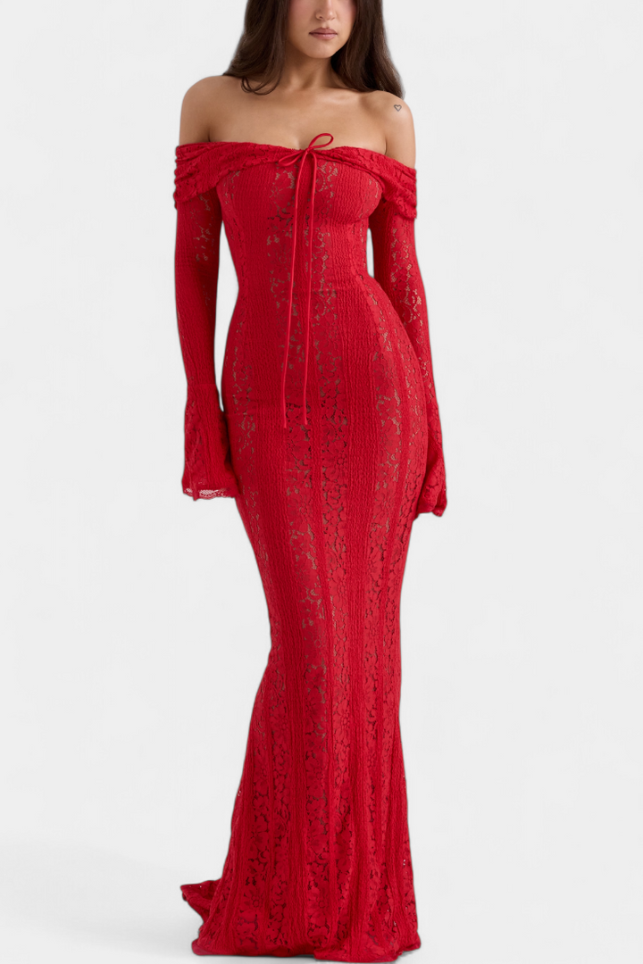 Rochie maxi "Josipa" cu umeri descoperiți din dantelă