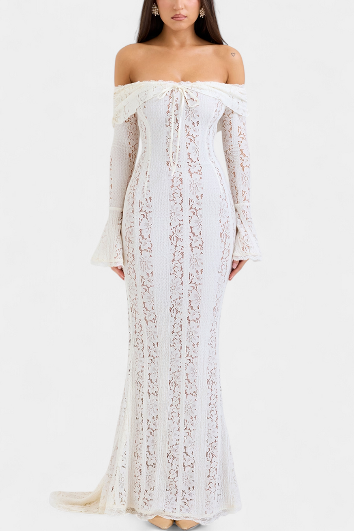 Rochie maxi "Josipa" cu umeri descoperiți din dantelă