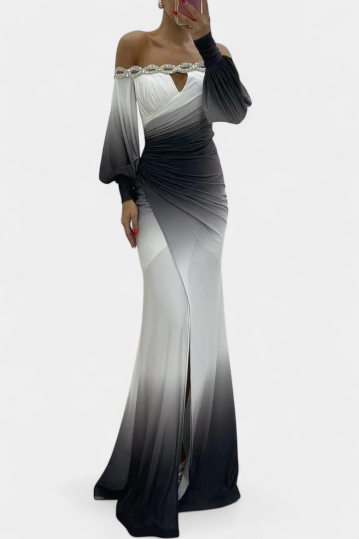 Rochie Maxi Silviana Ombre cu Umeri Decupați