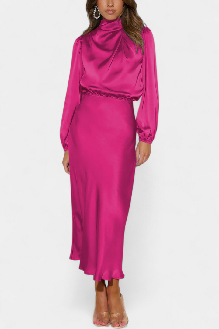 Rochie Maxi Maria cu Guler Înalt și Detalii Colorate