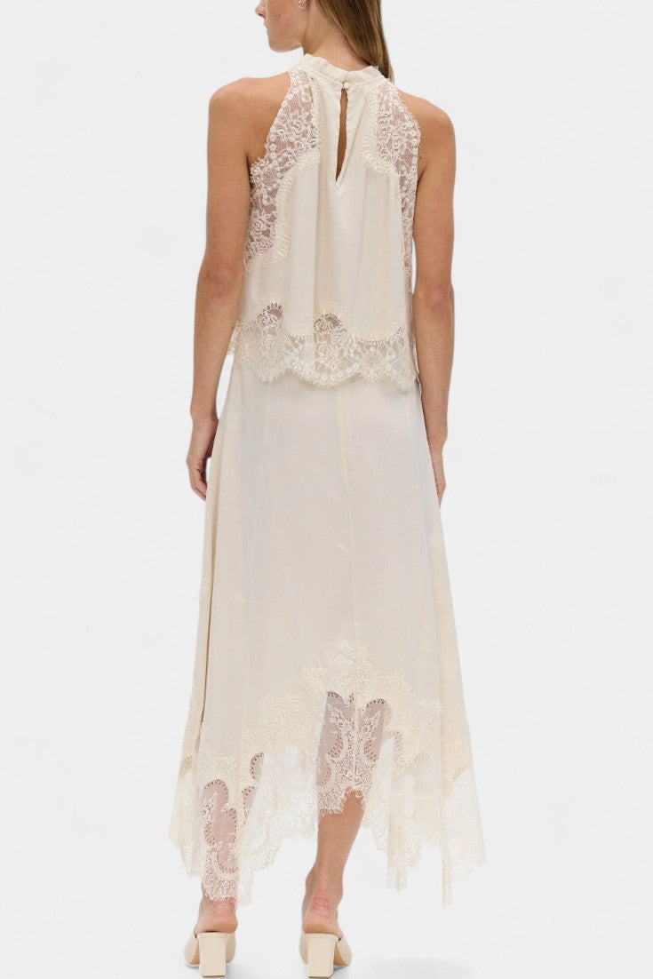 Fustă Midi cu Detalii din Dantelă și Tiv Asimetric