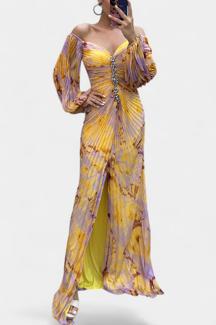 Rochie Maxi Leona cu Plisare, Mâneci Lungi și Model Vibrant