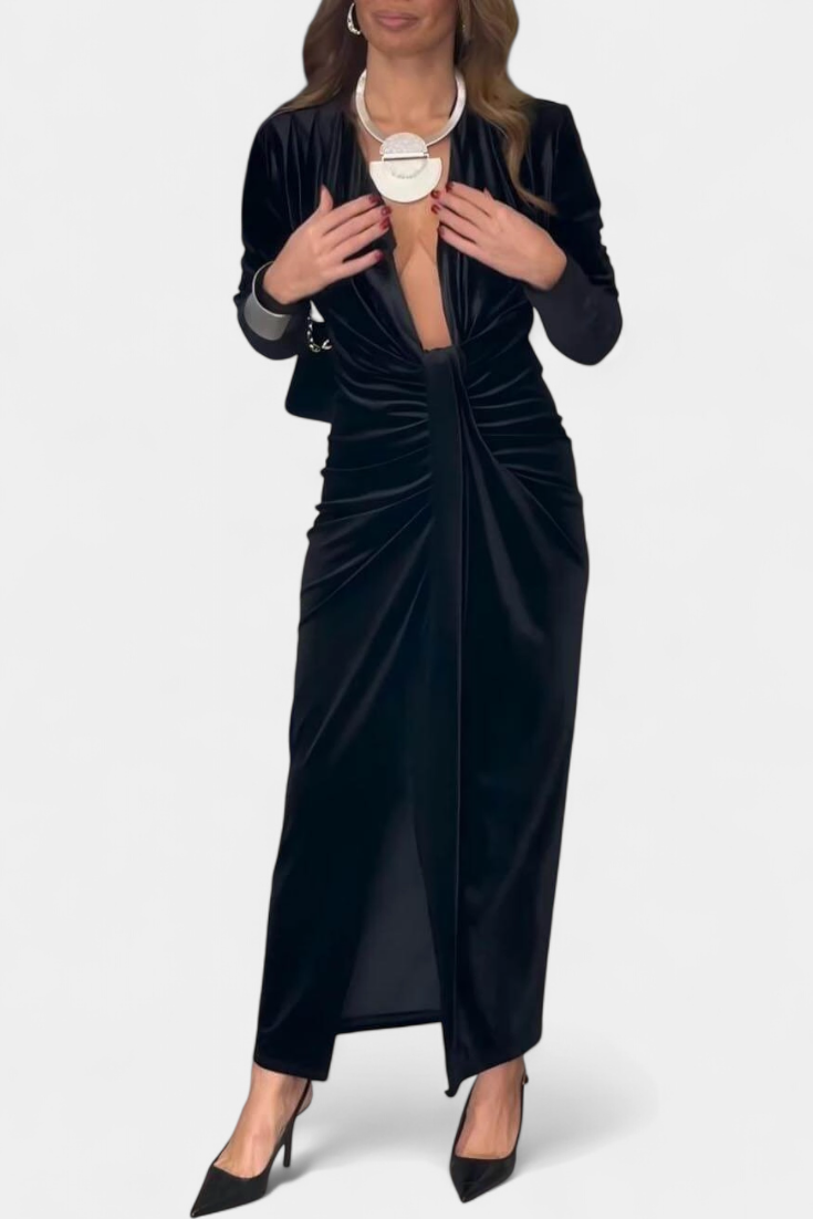 Rochie Lungă Vilma din Catifea Aurie cu Decupaj în V