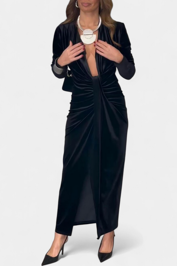 Rochie Lungă Vilma din Catifea Aurie cu Decupaj în V