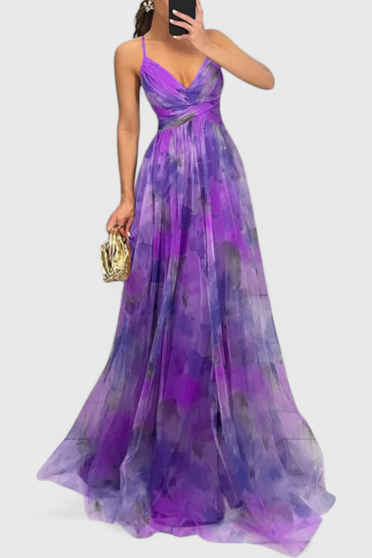 Rochie maxi Magdalena cu imprimeu floral și decolteu în V