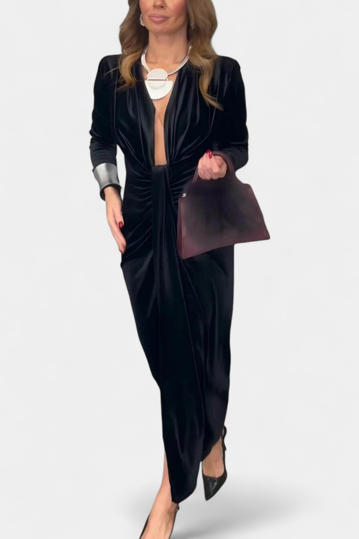 Rochie Lungă Vilma din Catifea Aurie cu Decupaj în V