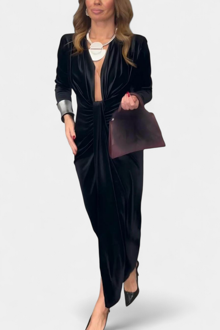 Rochie Lungă Vilma din Catifea Aurie cu Decupaj în V