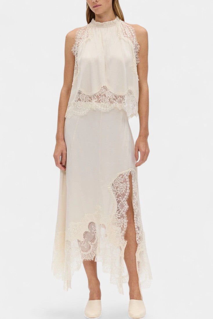 Fustă Midi cu Detalii din Dantelă și Tiv Asimetric