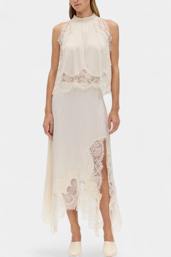 Fustă Midi cu Detalii din Dantelă și Tiv Asimetric