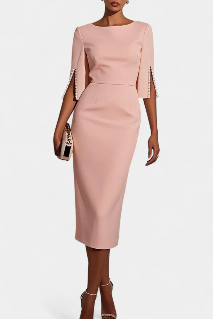 Rochie Midi Primăvară cu Detalii Perlate și Decolteu Rotund