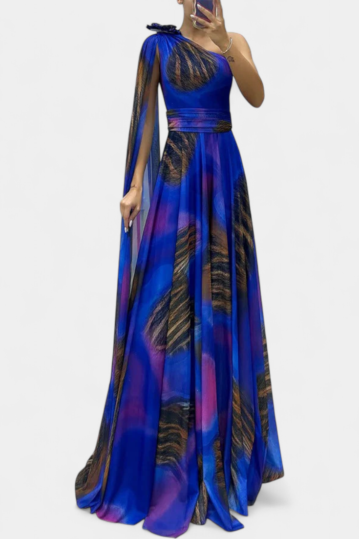 Rochie lungă Nives cu un umăr și detaliu colorat