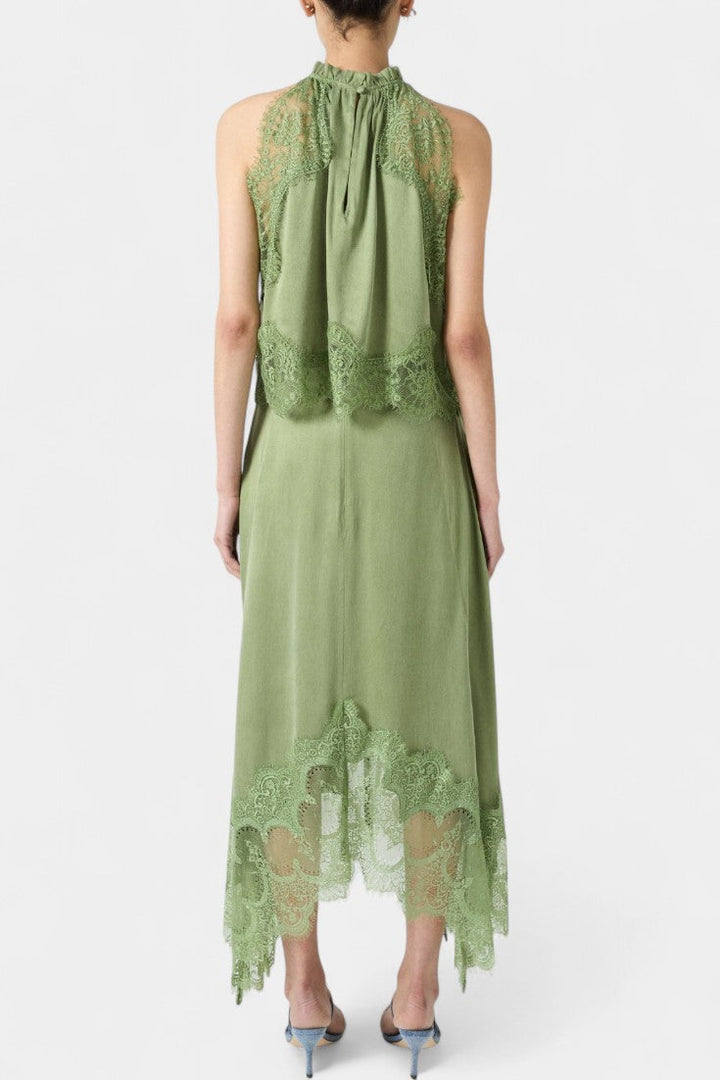 Fustă Midi cu Detalii din Dantelă și Tiv Asimetric