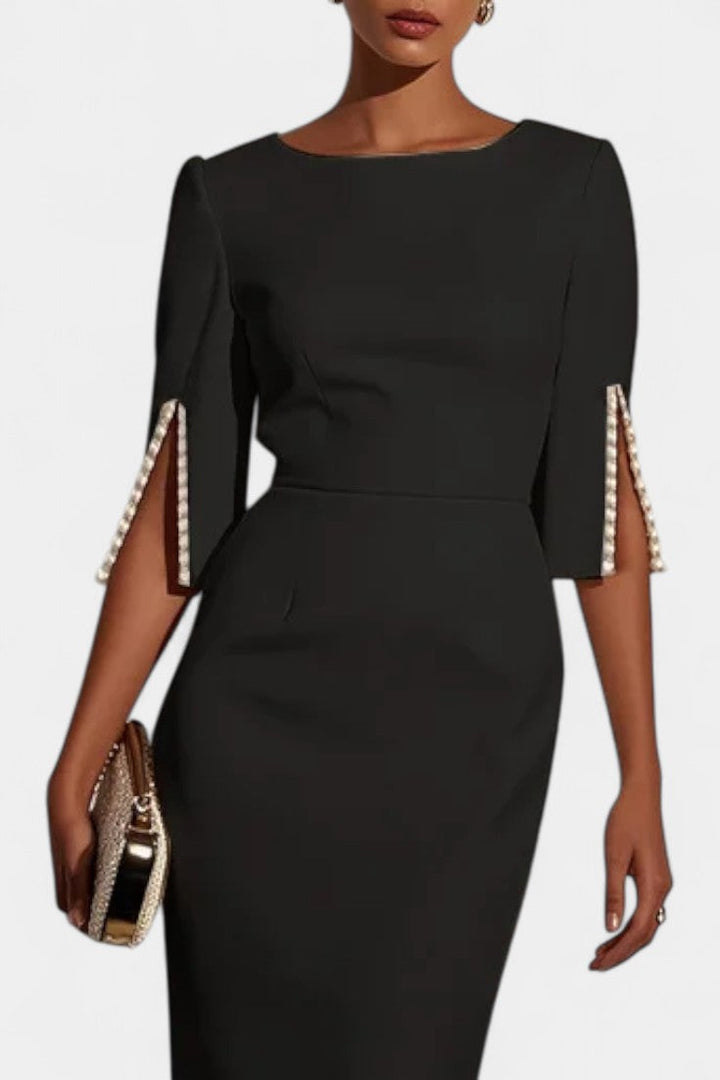 Rochie Midi Primăvară cu Detalii Perlate și Decolteu Rotund