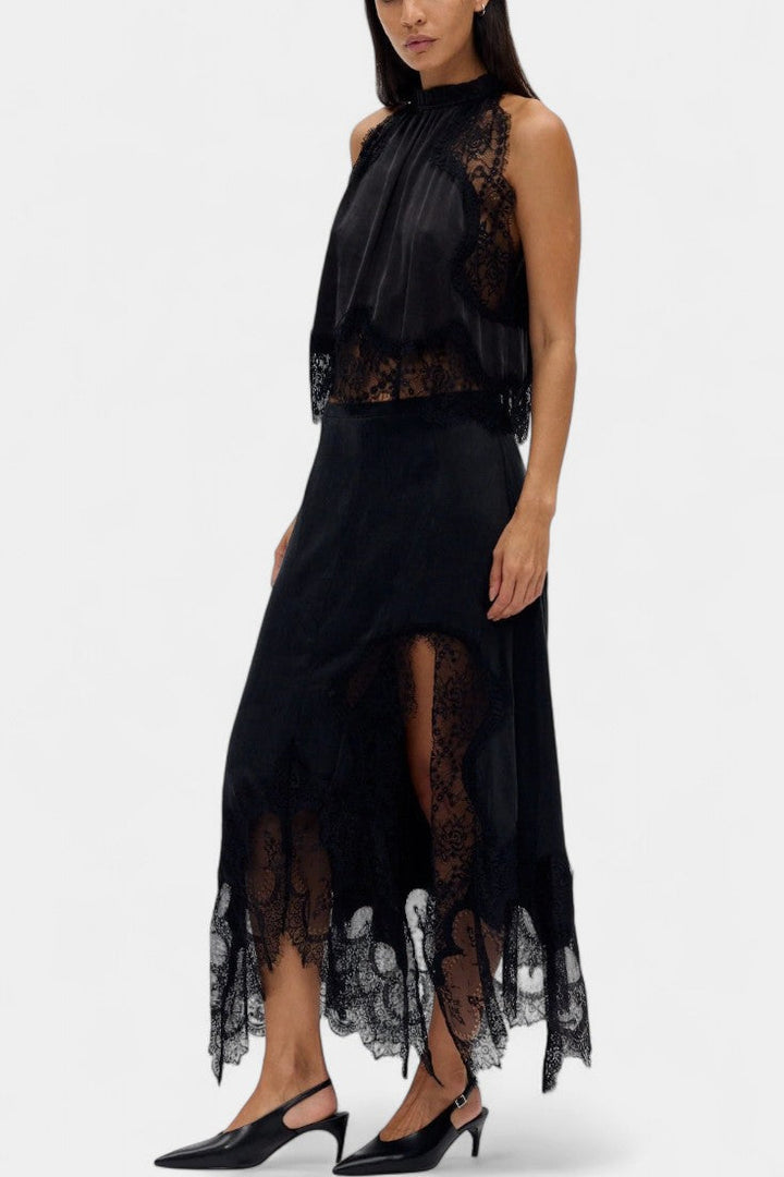 Fustă Midi cu Detalii din Dantelă și Tiv Asimetric