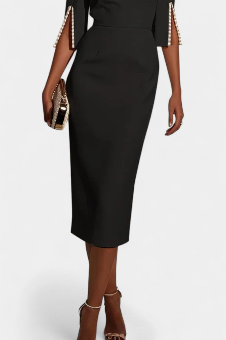 Rochie Midi Primăvară cu Detalii Perlate și Decolteu Rotund