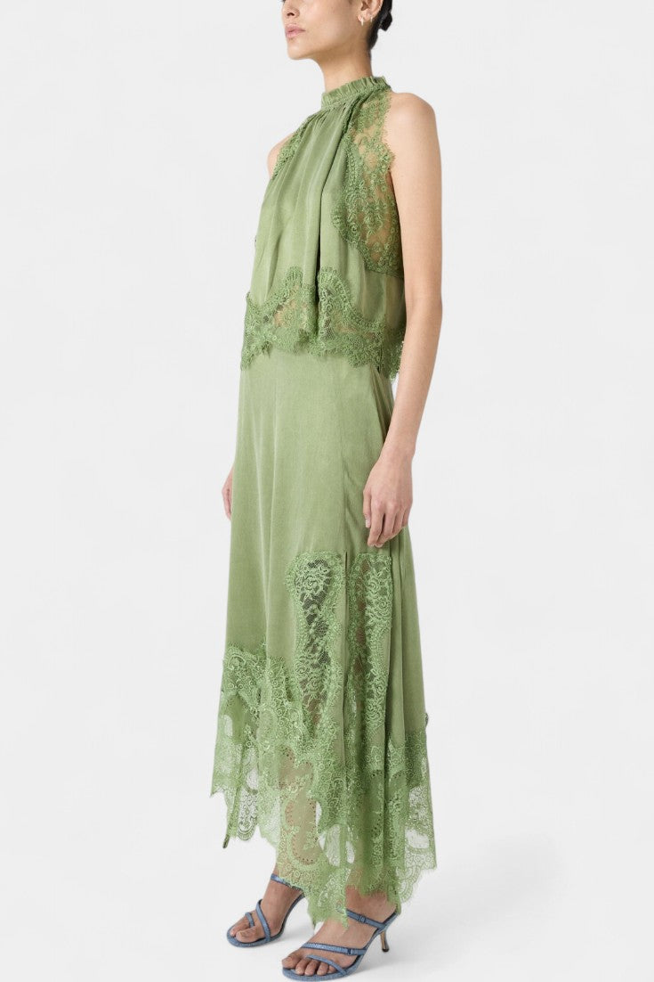 Fustă Midi cu Detalii din Dantelă și Tiv Asimetric