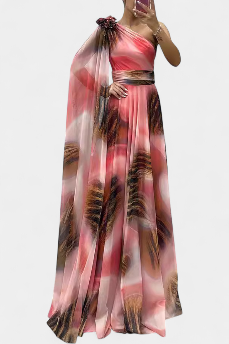 Rochie lungă Nives cu un umăr și detaliu colorat