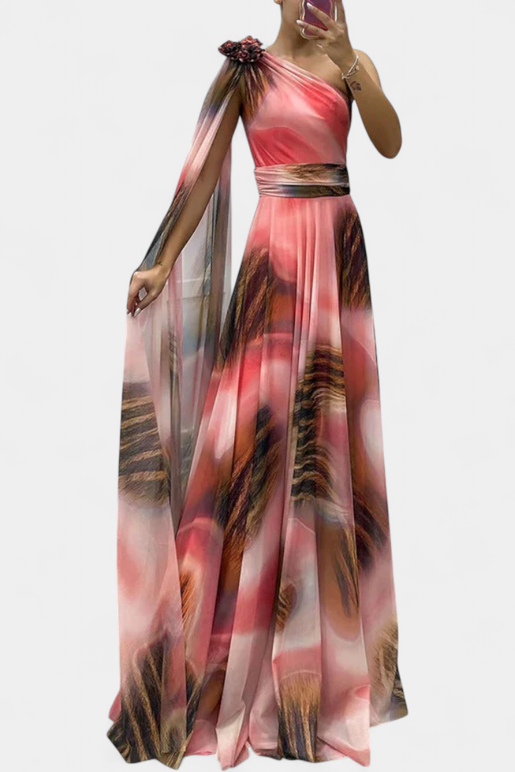 Rochie lungă Nives cu un umăr și detaliu colorat