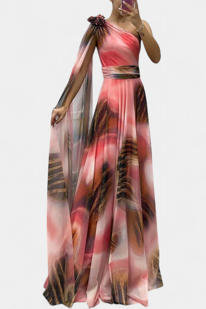 Rochie lungă Nives cu un umăr și detaliu colorat