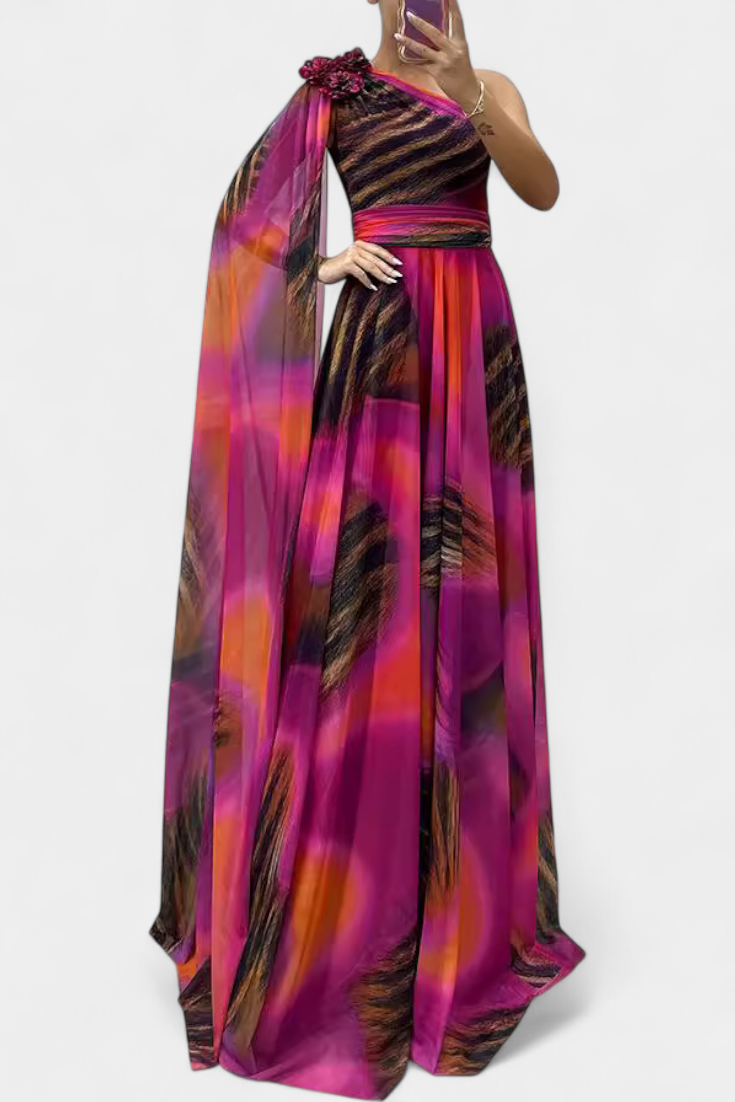 Rochie lungă Nives cu un umăr și detaliu colorat