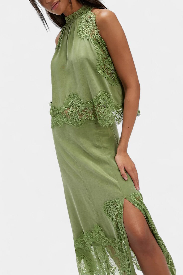 Fustă Midi cu Detalii din Dantelă și Tiv Asimetric