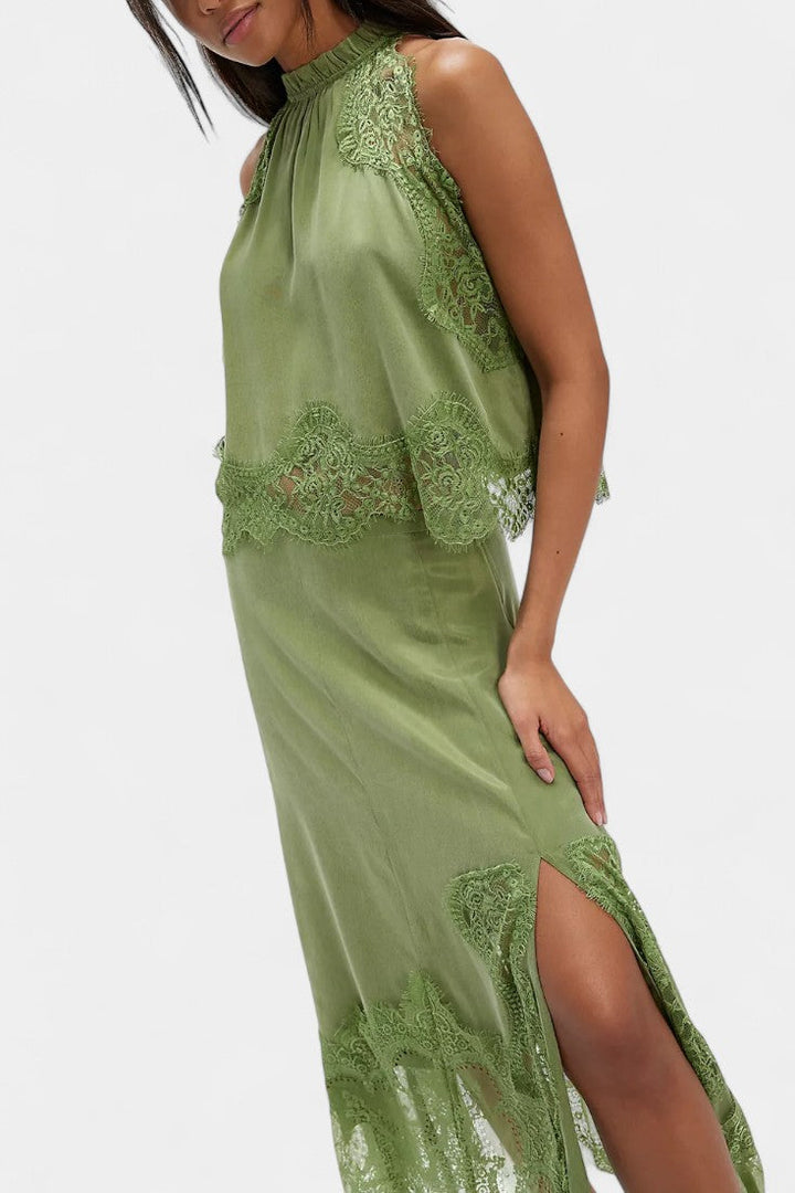 Fustă Midi cu Detalii din Dantelă și Tiv Asimetric