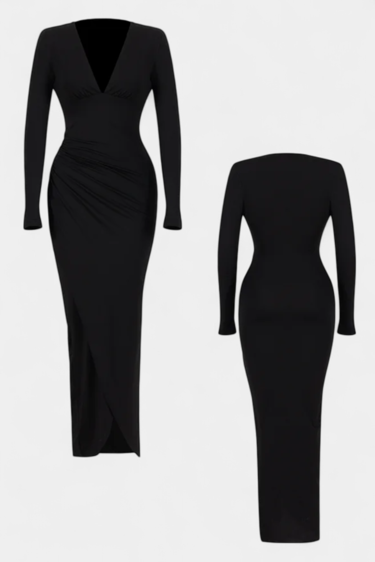 Elena Rochie cu Mâneci Lungi și Decolteu Adânc în V