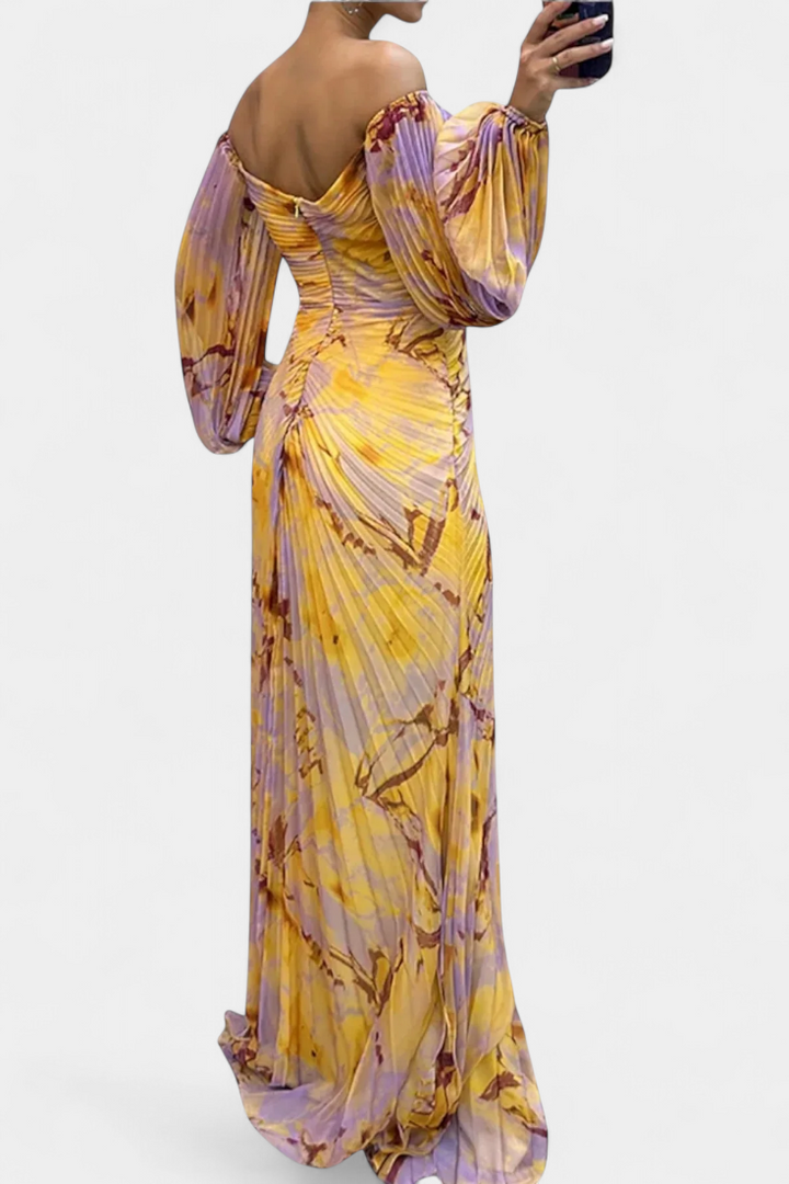 Rochie Maxi Leona cu Plisare, Mâneci Lungi și Model Vibrant