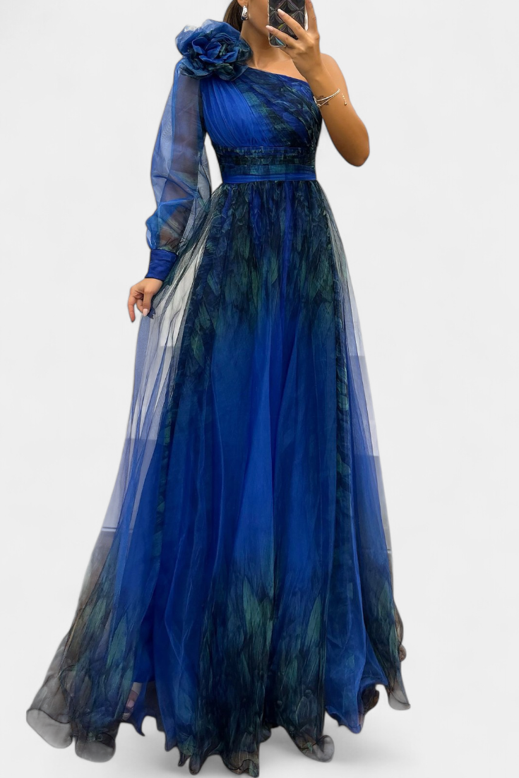 Rochie Maxi din Șifon cu Umăr Decupat și Floare Voluminoasă