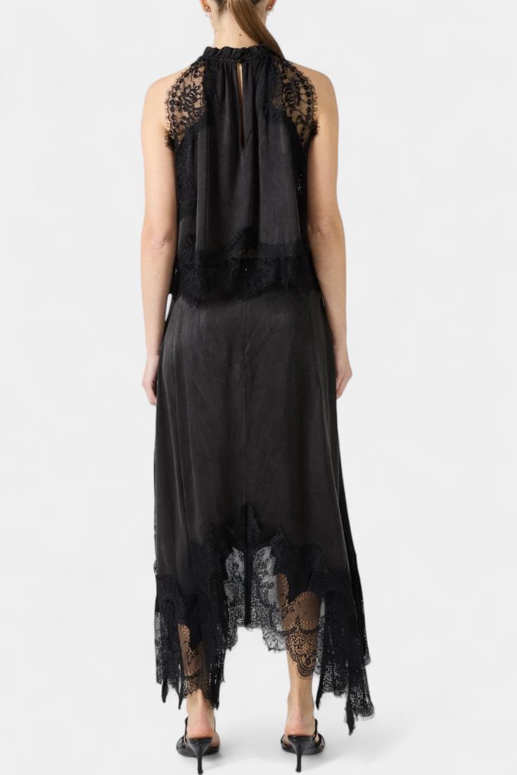 Fustă Midi cu Detalii din Dantelă și Tiv Asimetric