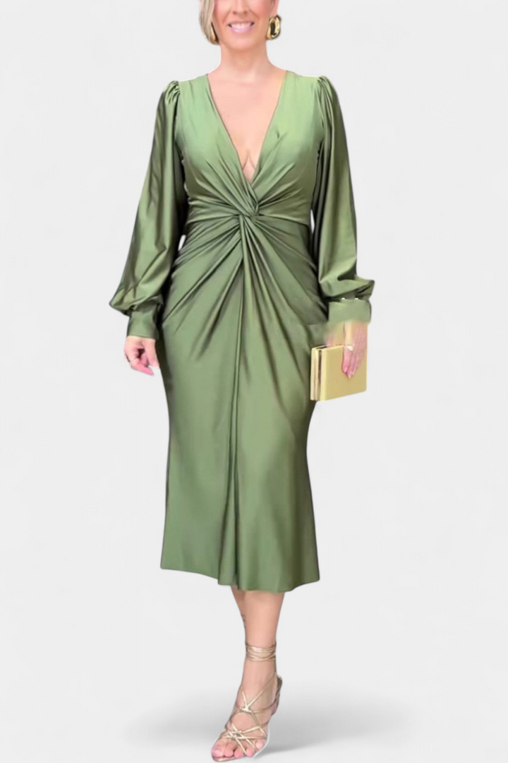 Rochie Lungă cu Mâneci Lungi și Decolteu în V